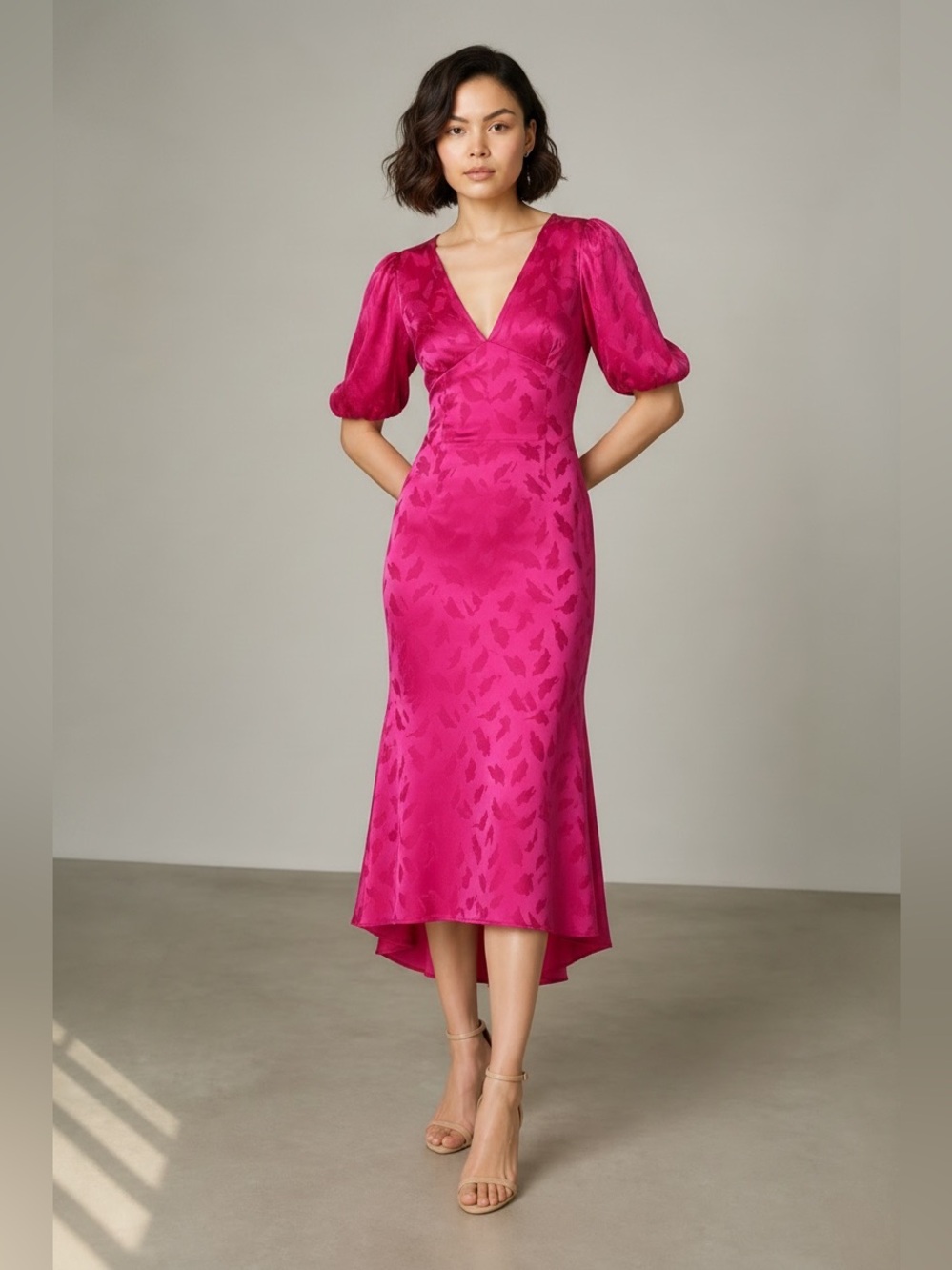 Ronny Kobo Teresa Jacquard Silk Midi Dress Pink Small V-Neck Satin Cocktail Chic